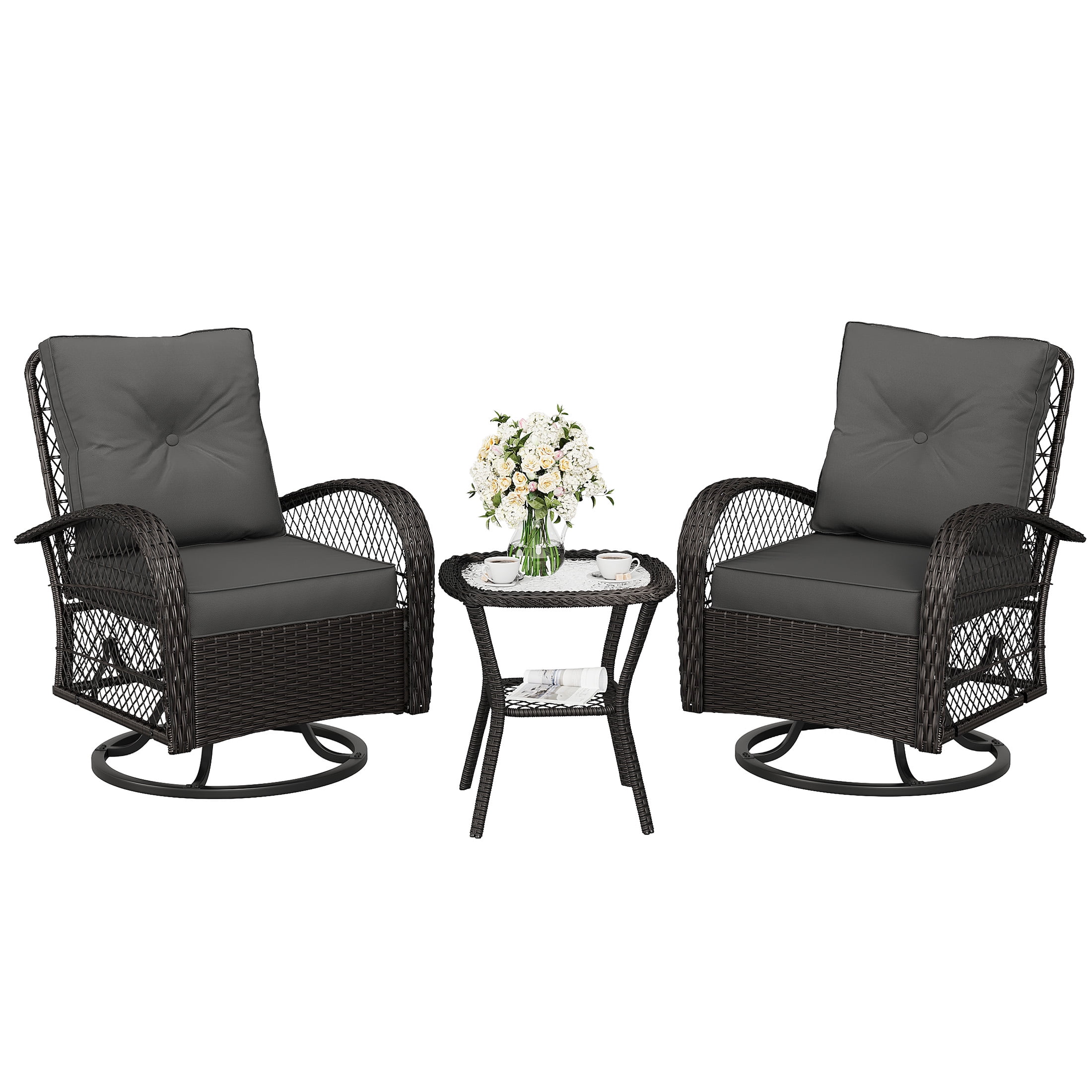Techmilly 3 Pieces Patio Furniture Set, Outdoor Swivel Gliders Rocker, Glass Top Side Table (Grey)