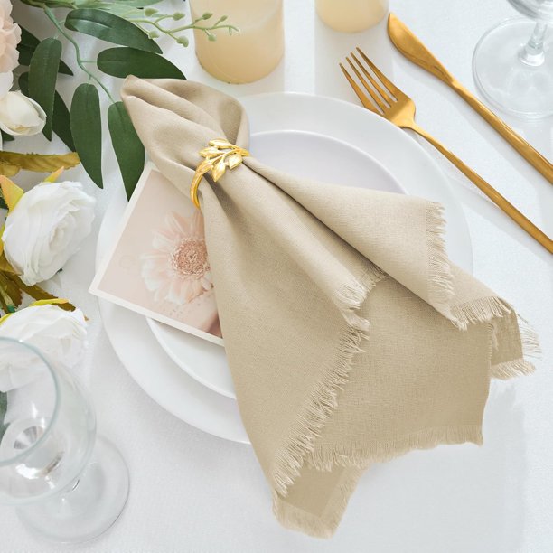 Servilletas de Tela de Algodón y Lino Hechas a Mano con Flecos Juego de 12 17"x17" Beige Boho Servilletas de Mesa para Cena a Granel para Boda Fiesta Nupcial Baby Shower Decoración