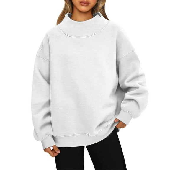 Lumtrix Mock Neck Sweatshirt Women Oversized Pullover Sweatshirts No Hood Plain Long Sleeve Turtleneck Tops Fall Winter Clothes White L