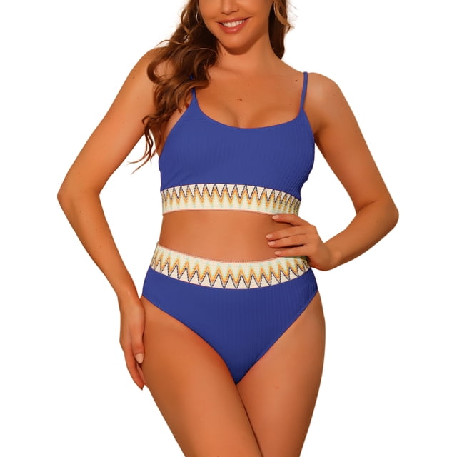 Conjuntos de bikini de dos piezas de talle alto con canalé para mujer, con tirantes ajustables, traje de baño, color azul zafiro, talla X-Large