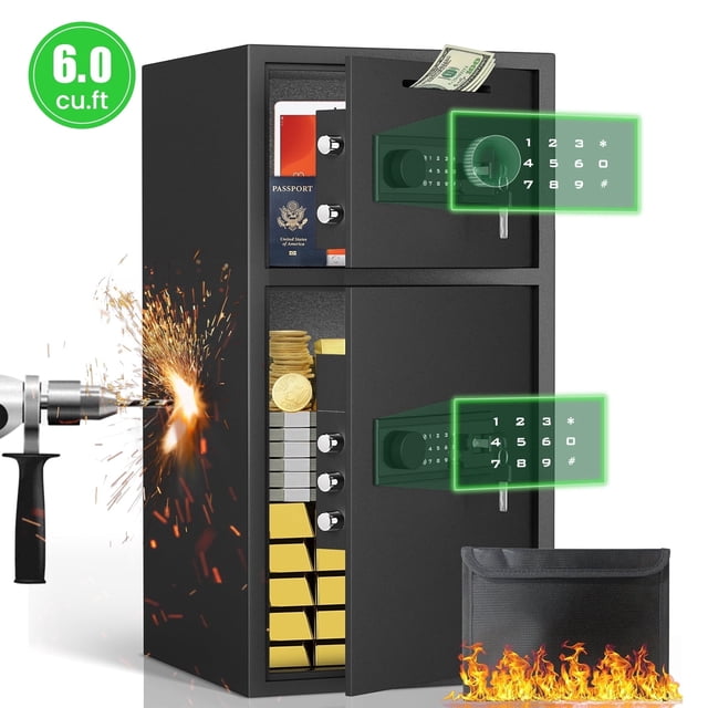 6.0 Cubic Feet Extra Large Fireproof & Waterproof Safe Box with Backlit Touch Keypad & Drop Slot, Durable Electronic Coin Safe for Home, Drop Safe with Fireproof Waterproof Bag