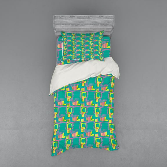 Ambesonne Retro Bedding Set 3 Pcs, Colorful Whimsical Shapes, Twin, Green Pale Fuchsia and Yellow