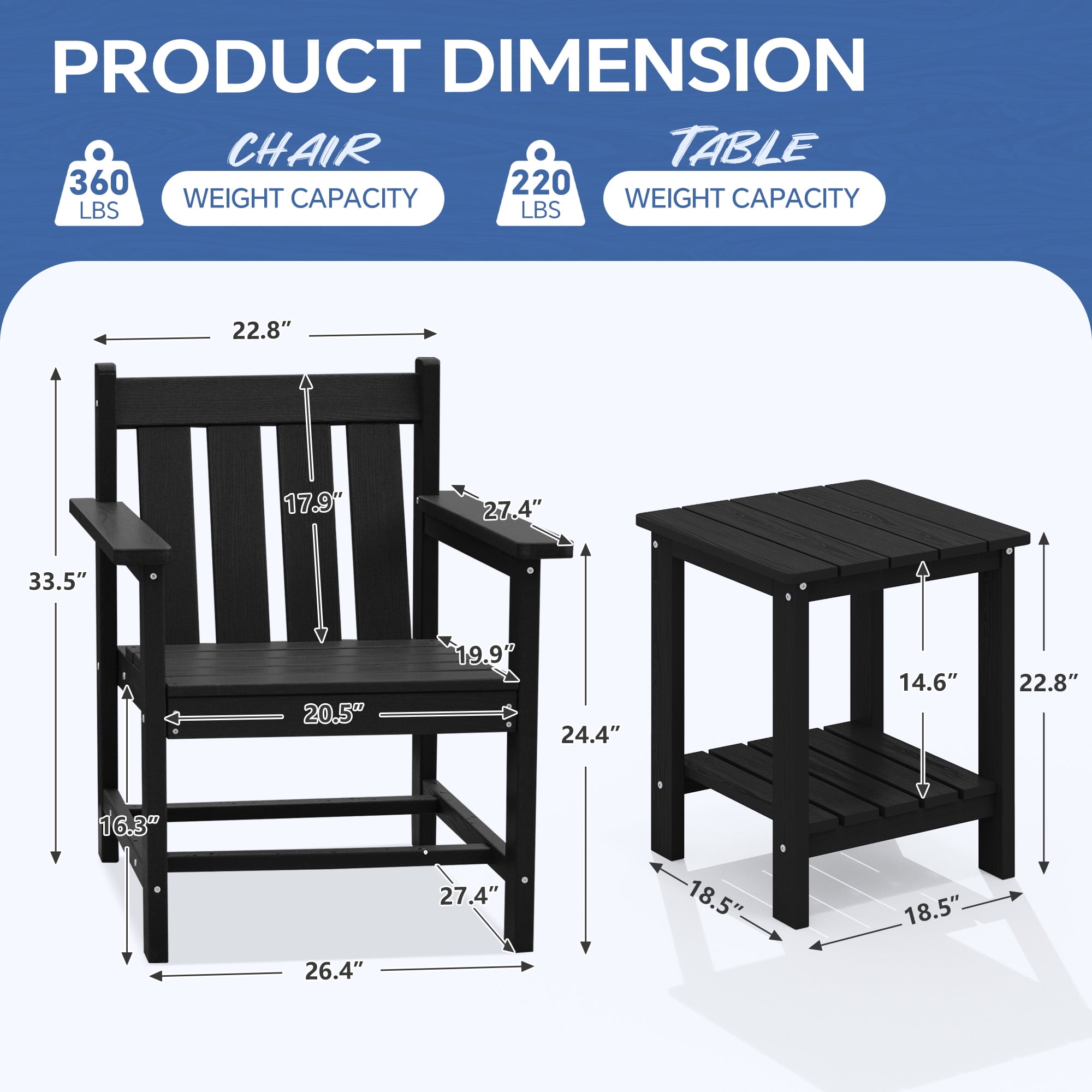 SERWALL 3 Piece Patio Furniture Set,HDPE Outdoor Bistro Set with Coffee Table and Chair for the Patio,Black