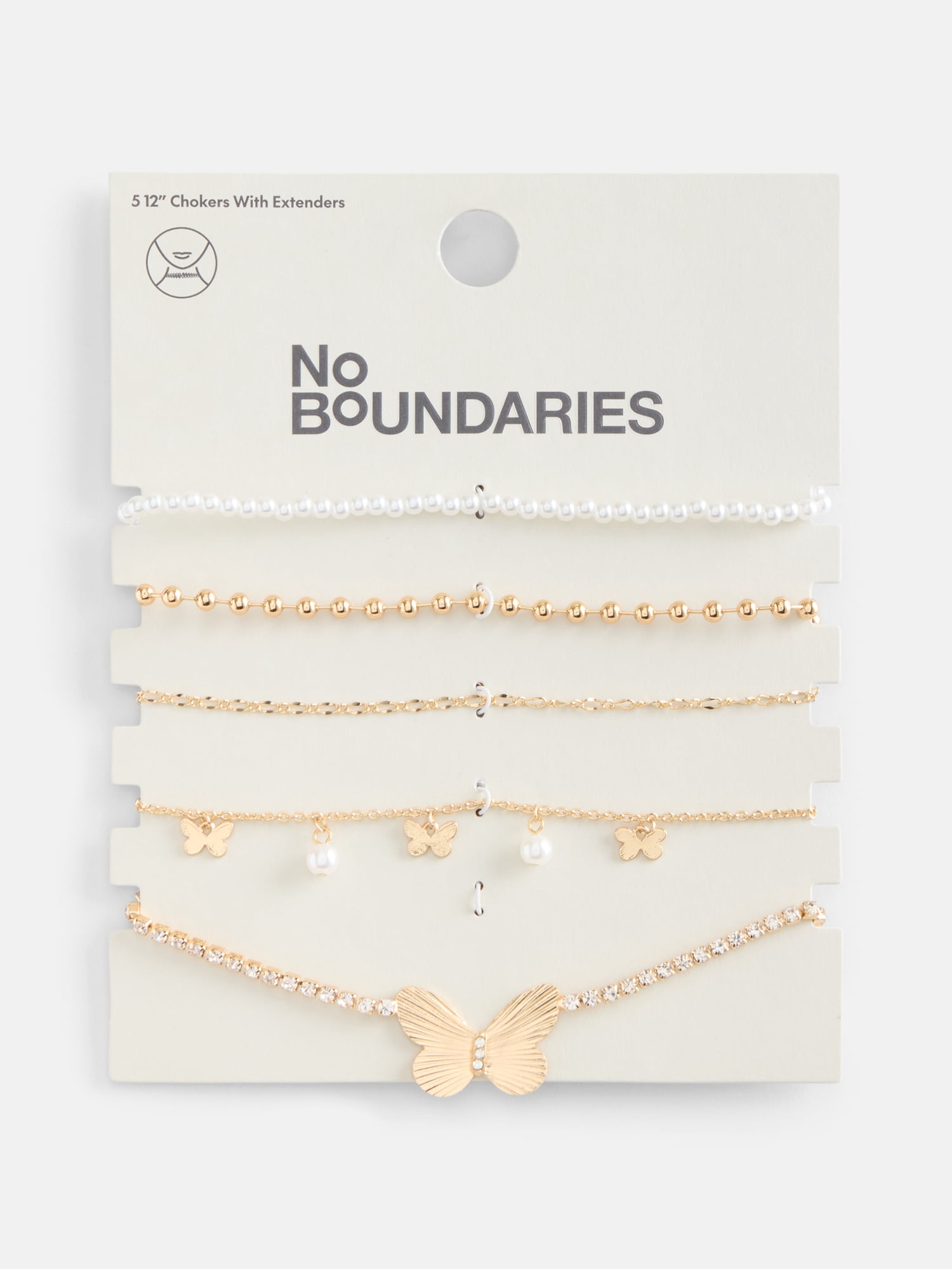 No Boundaries Women's Gold Tone Choker Necklace Set with Butterflies, 5 Piece