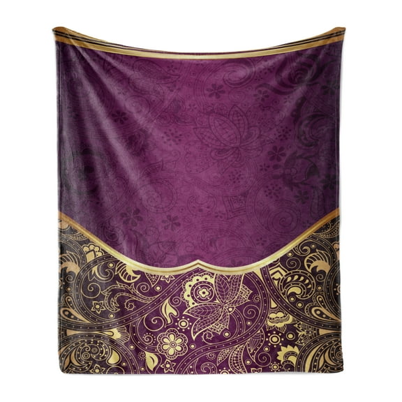Eastern Soft Flannel Fleece Throw Blanket, Oriental and Abstract Swirly Floral Frame Vintage Style, Cozy Plush for Indoor and Outdoor Use, 50" x 60", Fuchsia Pale Yellow Plum, by Ambesonne