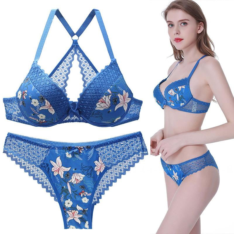 hersenen Depressie evenwicht Women's New Lingerie Bra Plus Size Beauty Back Bra Set Printing Sexy Lace  French Lingerie Set Blue 85E - Walmart.com