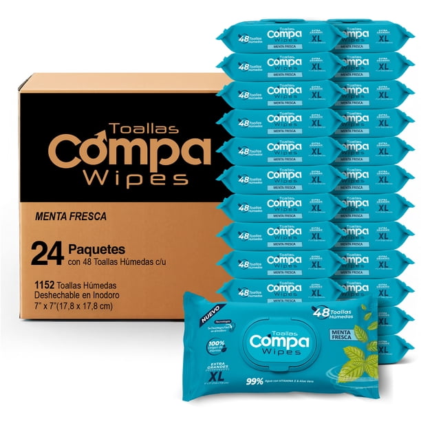 Compa Wipes Toallitas Húmedas para Adulto 1152 Piezas - 24 Paquetes de 48 Unidades - Tamaño XL (17.8 x 17.8 cm) Desechables en Inodoro