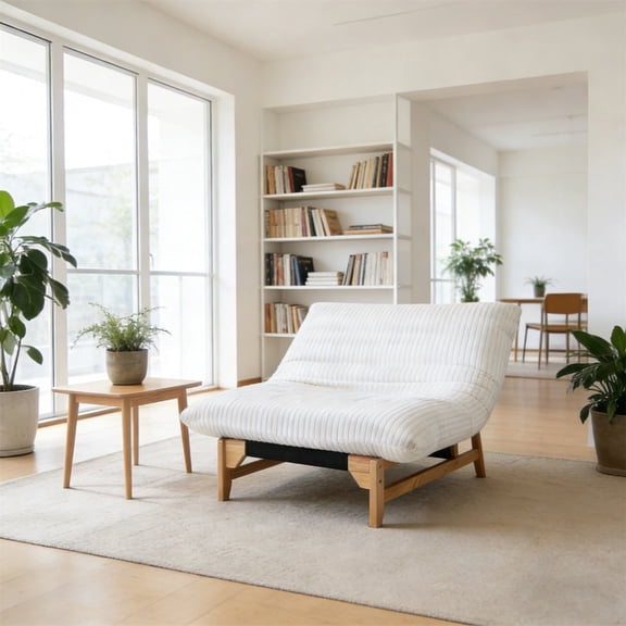 WanKaMom Modern Corduroy Fabric and Wooden Frame Oversized Reading and Armless Design Lounge Chair, White