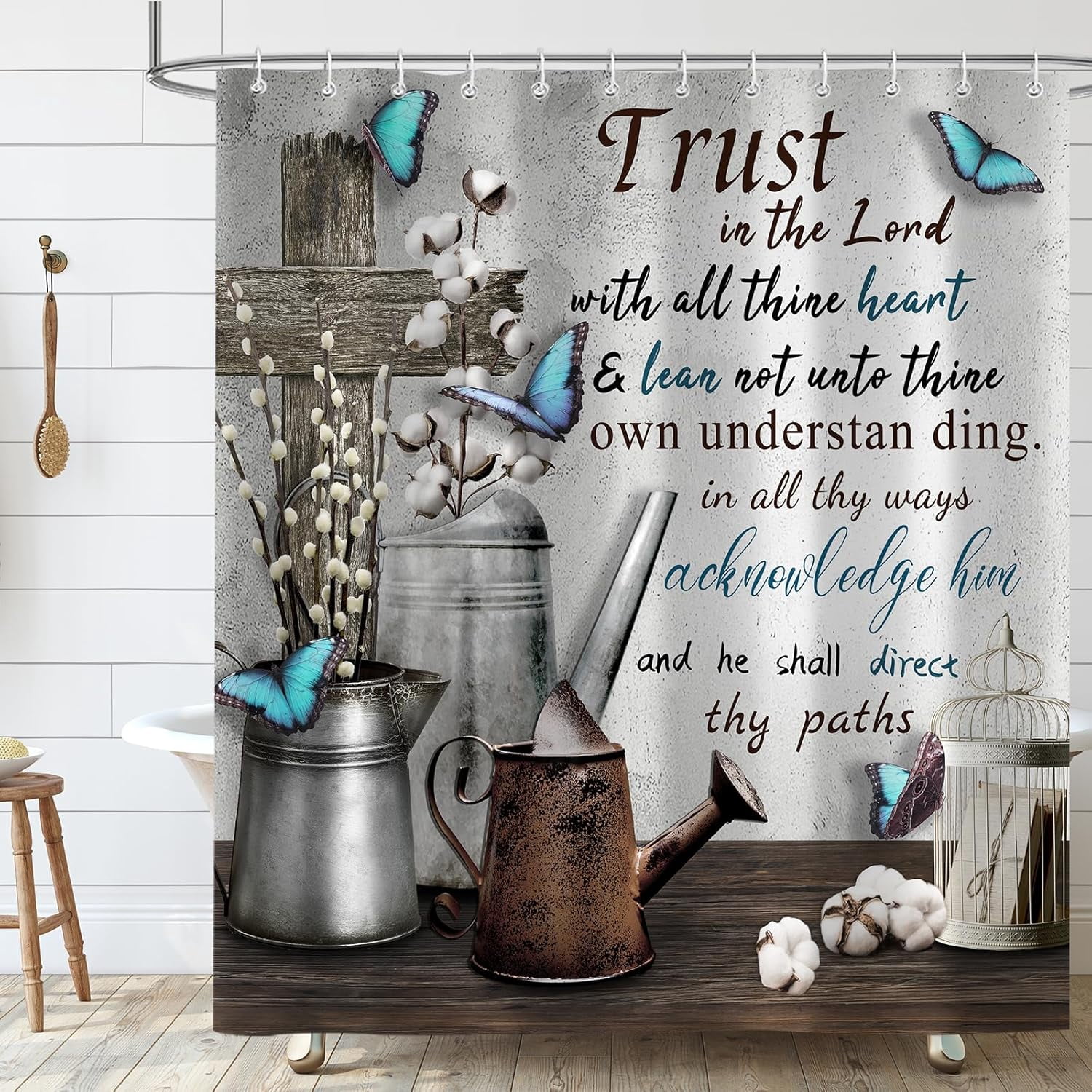 Rustic Farmhouse Shower Curtain,Bible Verse Inspirational Quotes Country Farm Bath Curtains,Grey Vintage Waterproof Fabric Bathroom Decor Set with Hooks-60"W x 72"L (Pack of 1)