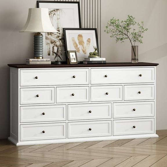 Oxylife 12-Drawer Dresser, Chest of Drawer for Bedroom Living Room,White Brown Top