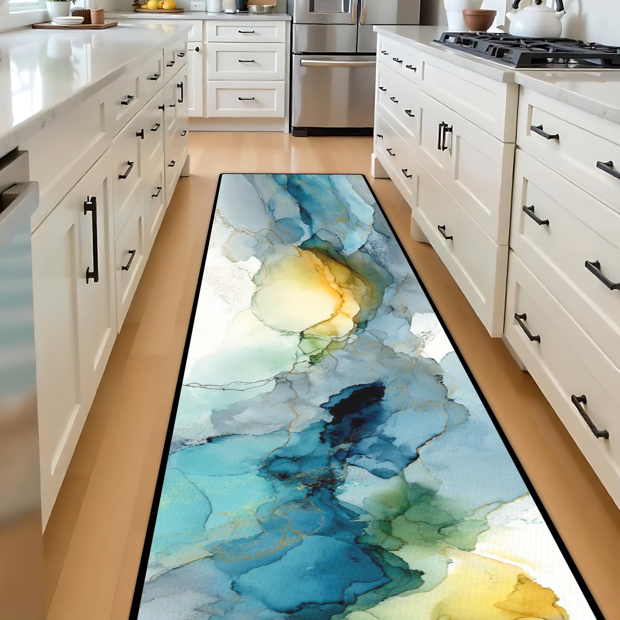 Teal Yellow Gold Ink Wash Hallway Runner Rug, 60x18 Inches Abstract Watercolor Long Floor Mat, Non-Slip Washable Modern Art Rug for Entryway Kitchen