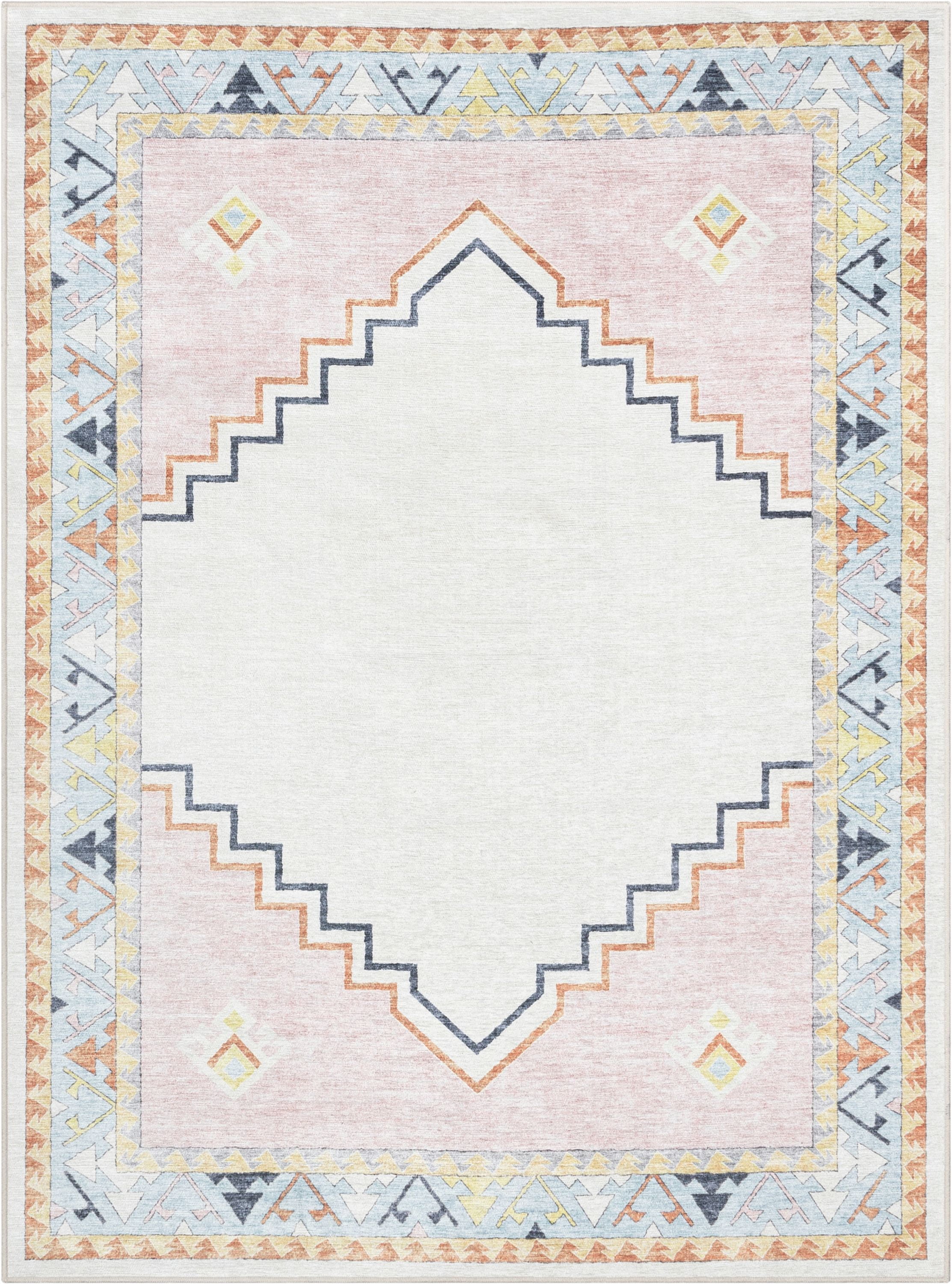 Well Woven Kids Rugs Ethnic Soft Medallion Modern Pink Beige Printed Distressed Machine Washable 5' x 7' Area Rug