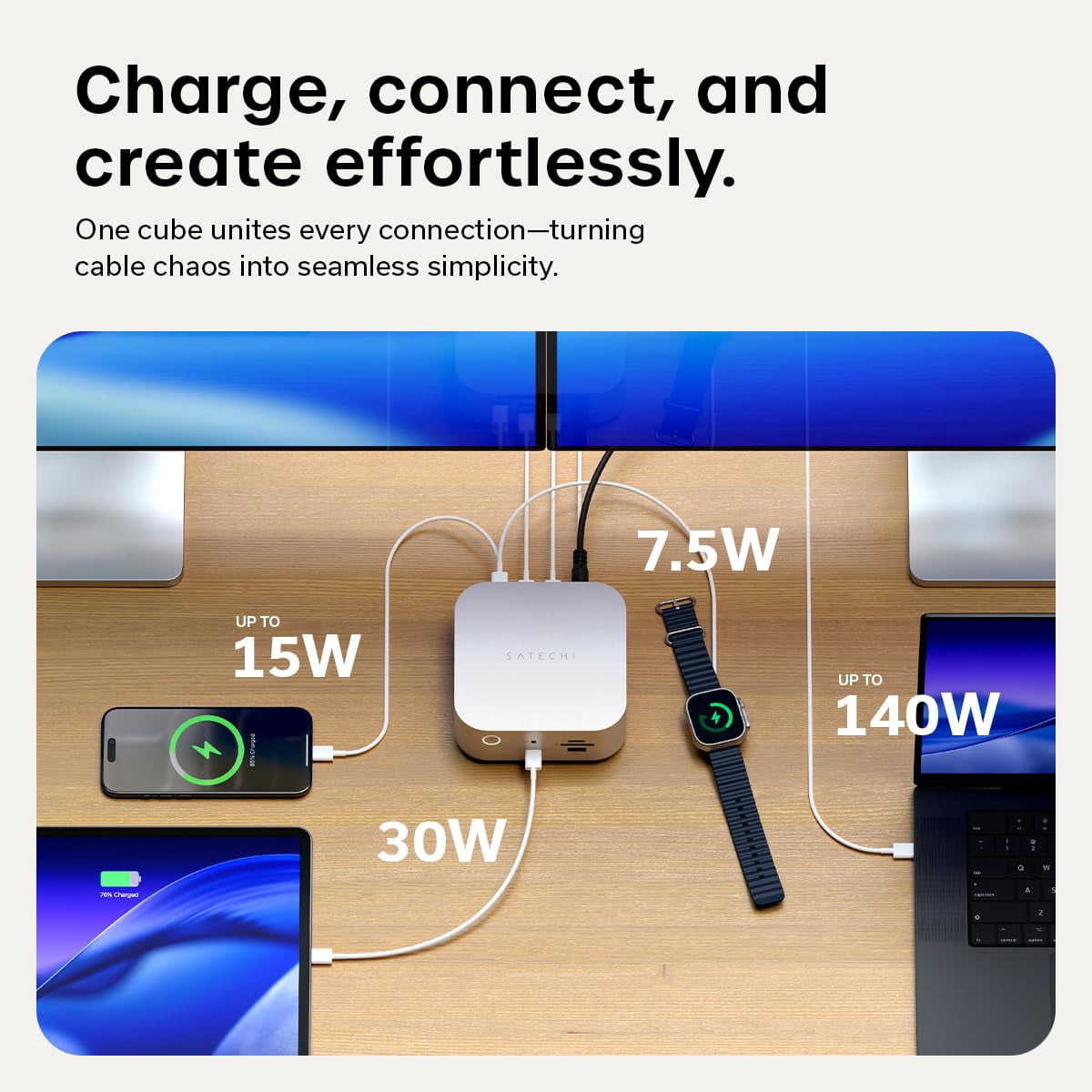 Satechi Thunderbolt 5 CubeDock Dock Station, 80Gbps/120Gbps USB4 v2 Compatible, Built-in NVMe SSD Enclosure, 140W Charging, Multi-Displays up to 8K, 2.5GbE, USB-C/A 10Gbps, Active Cooling, Silver