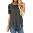 thumbnail image 4 of kurtrusly Women T-shirt Solid Color Stitching Top Asymmetrical Hem Blouse, Gray, M, 4 of 7