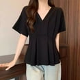 thumbnail image 2 of Blouses for Women Dressy Casual Oversize Short Sleeve V Neck T Shirts Ruffle Summer Tunics 2025 Womens Clothes, 2 of 5