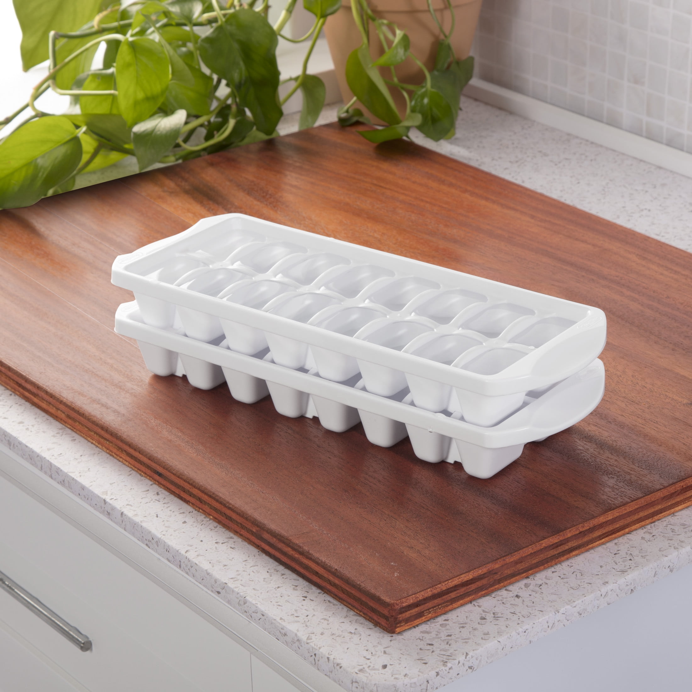 Mainstays Set of Two Stacking Ice Cube Trays, Freezer-Safe, Durable Food-Safe Plastic, BPA-Free, White