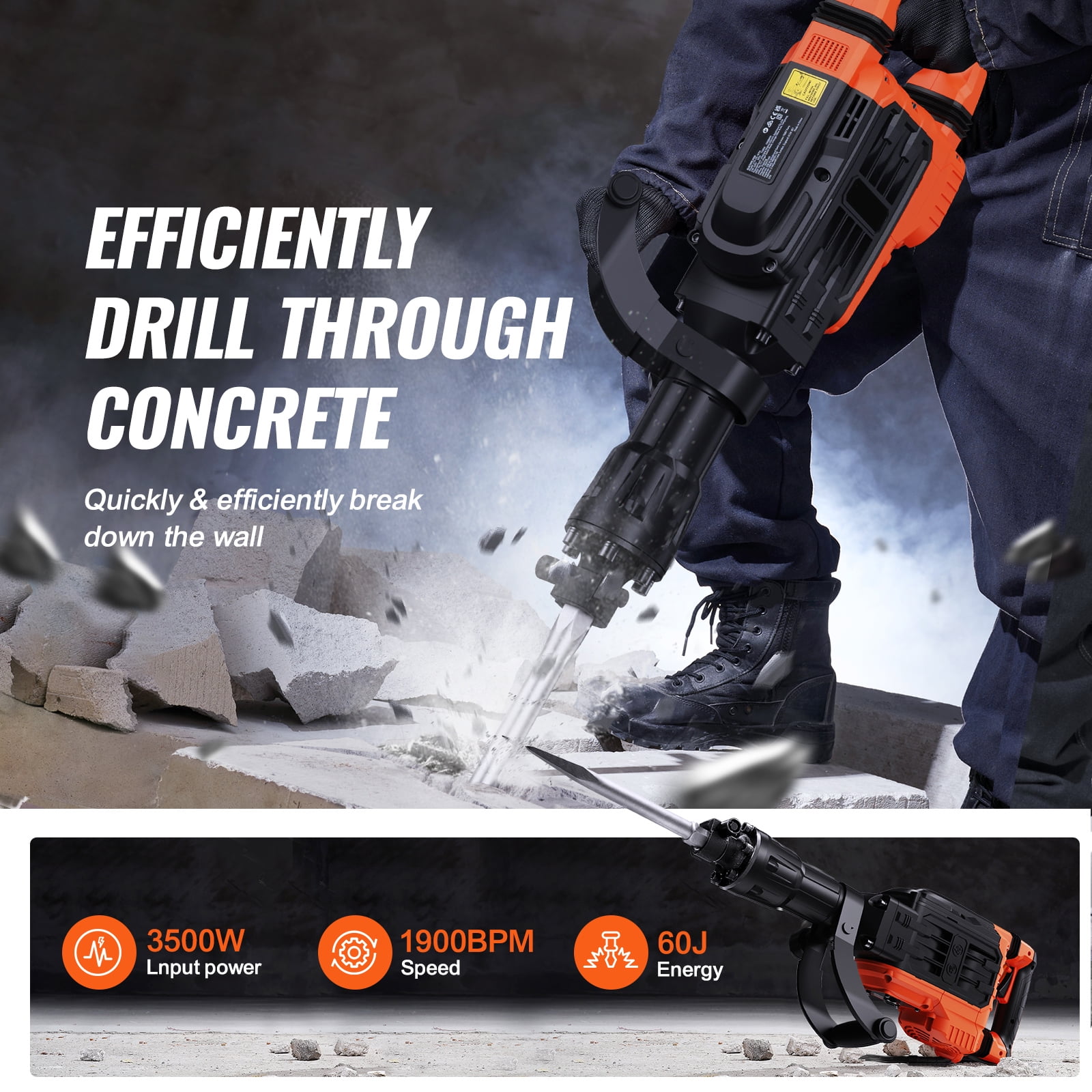SKYSHALO 2 Chisel Heads Demolition Jack Hammer Concrete Cutter 3500W Electric Black