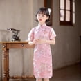 thumbnail image 2 of WAYUTE Girls' Dresses Stand Collar Floral Emborider Short Sleeve Shiny Qipao Dress Summer Cheongsam for Toddler Baby Kids Party Themed Events,Pink, 2 of 3