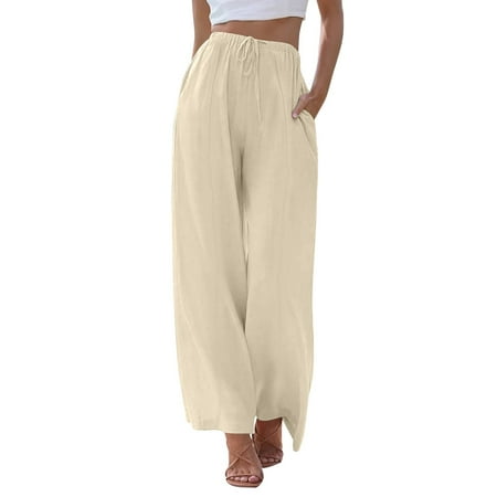Prdecexlu Cotton Linen Pants Women Summer Wide Leg Beach Vacation Elastic Waist Lounge Palazzo Pants Flowy Drawstring Casual Baggy Trousers with Pockets Beige 3XL