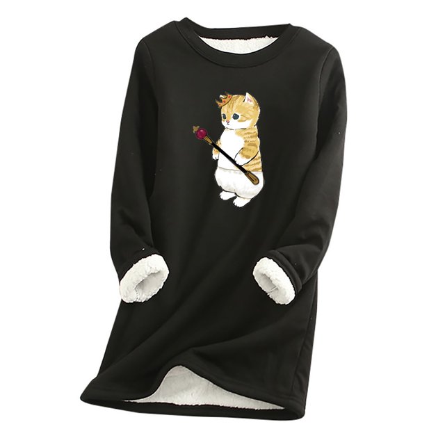 Mujer Vintage Loungewear Manga larga Lindo Gato Estampado Otoño Fleece SweatershirtTop Fridja nbo713