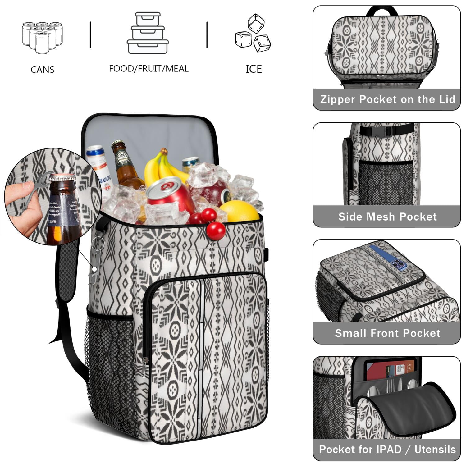 Travel Cooler Bag - Boho Bohemia Pioneer Flower Geometric Line Art Camping Beer Cooler Backpack with Bottle Opener- Waterproof Insulated Picnic Backpacks - Cooler Bag for Beach