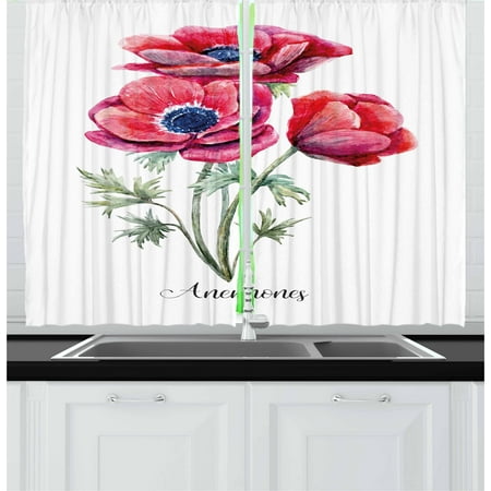 Navy Red Sage (Anemone Flower Curtains 2 Panels Set, Watercolor Painting Style Bouquet of Anemone Vintage Garden, Window Drapes for Living Room Bedroom, 55W X 39L Inches, Sage Green Red Navy Blue, by)
