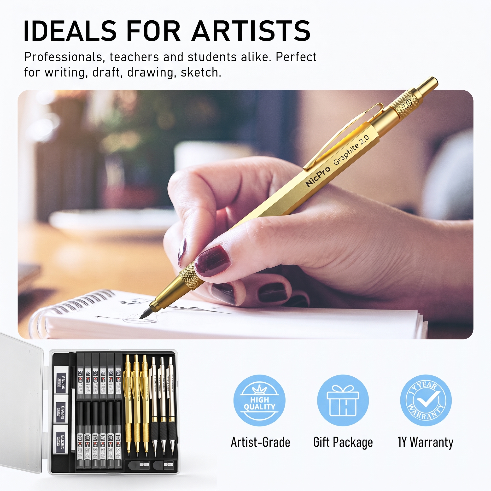 NicPro Gold Art Mechanical Pencil Set, 6 Pencils & Refills photo 6