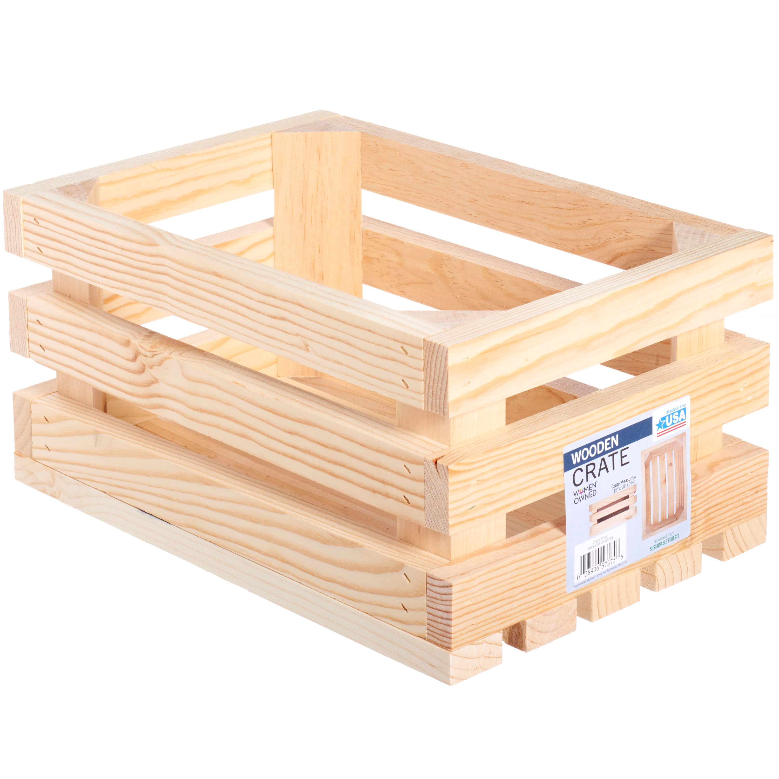 (2 pack) Unfinished Wood Slatted Crate, Brown, 7.15" High x 10" Wide x 15" Deep