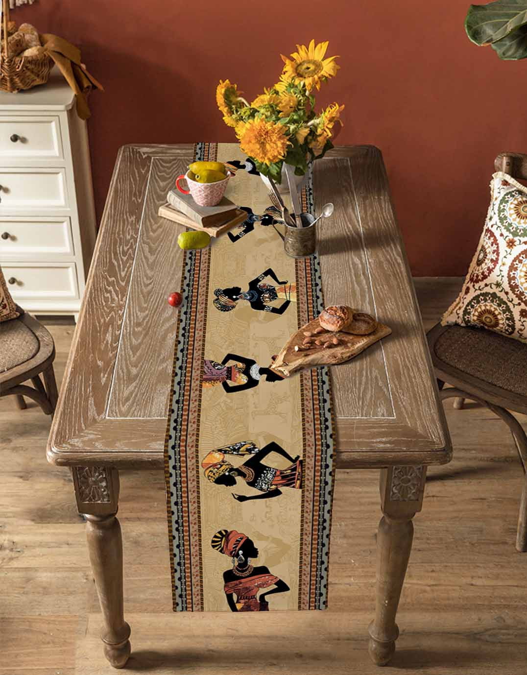 African Black Women Table Runner 72 Inches, Boho Ethnic Tribe Vintage Brown Bed Runner Dresser Scarves Tabletop for Indoor Outdoor Parties/Ceremony/Banquet, 16" x 72"