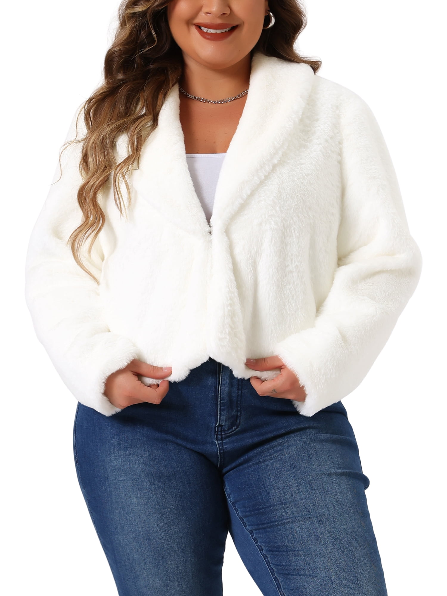 DARING DIVA Women's Plus Size Cropped Lapel Long Sleeve Faux Fur Fluffy Coat 1X White