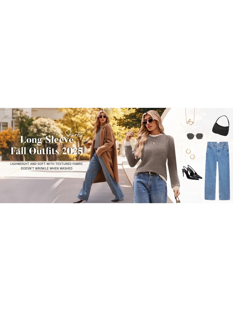 MOSHU Color Block Sweaters for Women Crewneck Long Sleeves Fashion Tops ...