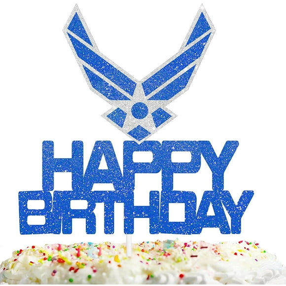 Navy Happy Birthday Cake Topper Blue Glitter Air Force Wings Theme Decorations Baby Shower Boy Girl Birthday Party Decor Supplies - -