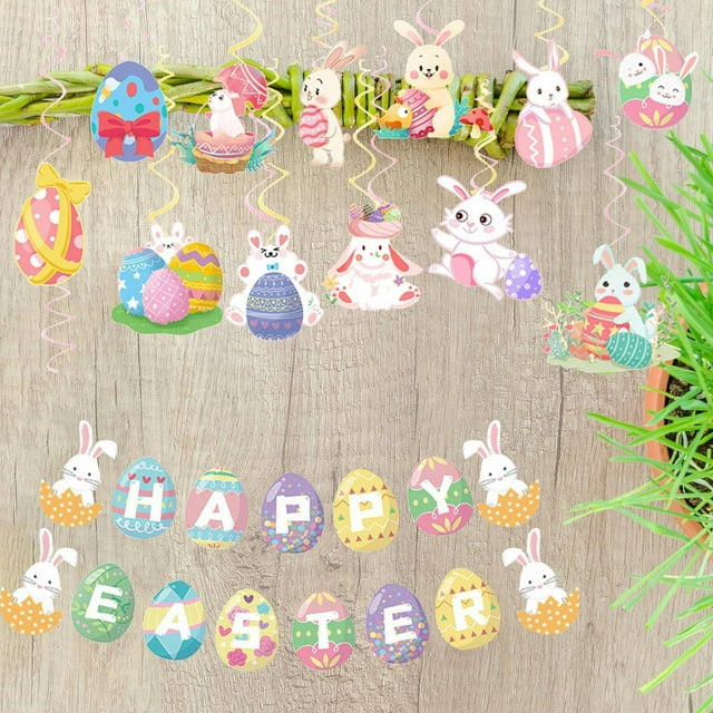 Easter Bunny And Egg Spiral Hanging Set Festive Honeycomb Balloons And Banner Kit For Easter Party Decorations