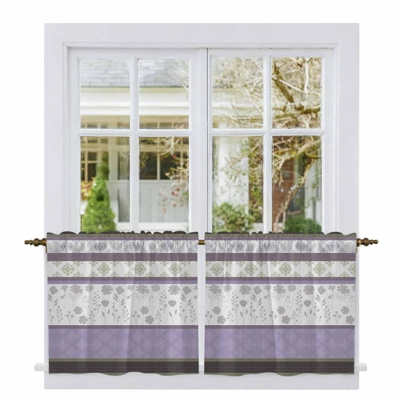 Purple Geometric Tier Curtains 36 Inch Length, Stripes Boho Spring Flowers Country Rural Cafe Short Curtains for Bathroom Over Sink, Small Kitchen Curtain Light Filtering Drapes 2 Panels 27.5"Wx36"L