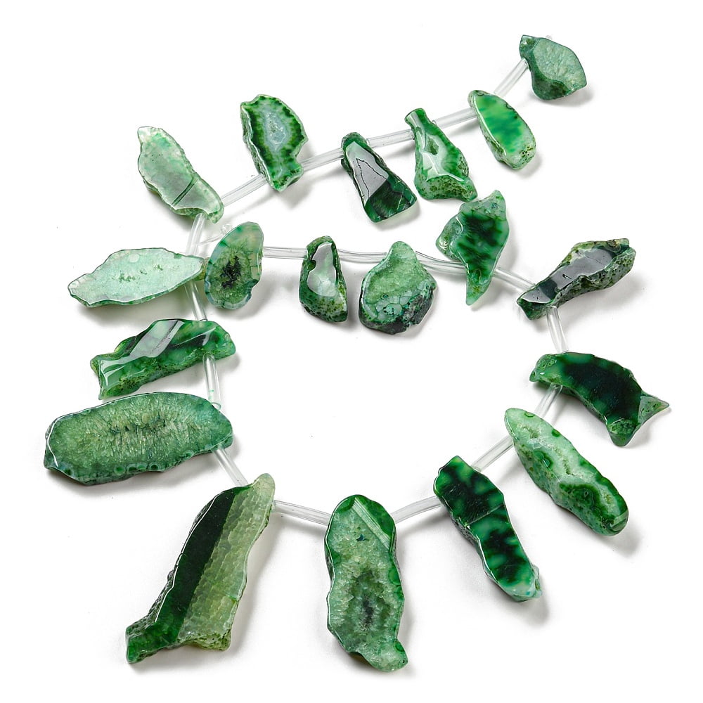 Dyed Natural Agate Nuggets Beads Strands Green 19~30x30~56x5~9mm Hole: 2mm about 13~15pcs/strand 15.3 inch