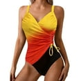 thumbnail image 2 of Women's Drawstring Bodycon Swimsuit Ruched Tummy Color Block Push up Monokini Bathing Suit Orange XXL, 2 of 5