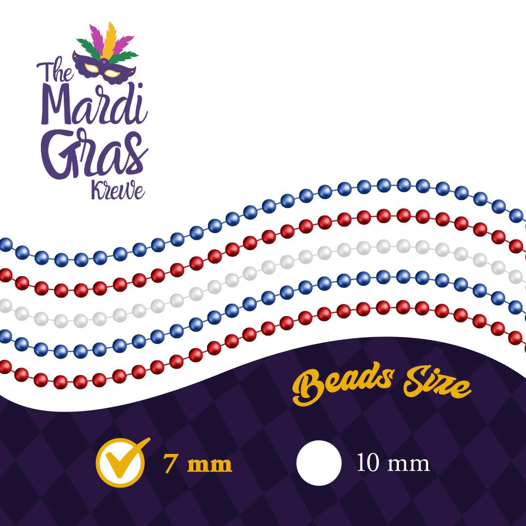 THE MARDI GRAS KREWE - 33" 7mm Red, White, and Blue Beads, 10 Dozen 120 Necklaces  Perfect for Mardi Gras, Patriotic Events, and Independence Day Celebrations