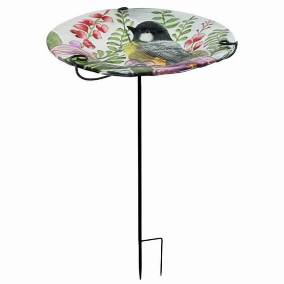 Continental Art Center 32911 12' Chickadee Design Hand Painted Glass Bird Bath and Feeder Outdoor Garden Stake