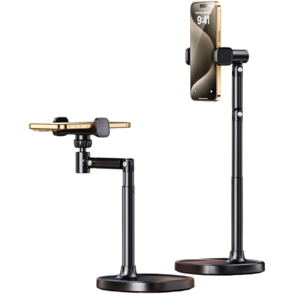 360°Rotation Cell Phone Stand for Desk, Adjustable Angles & Height,Aluminum Phone Holder Retractable Overhead Phone Mount for iPhone 17/16/15 Pro Max,Galaxy
