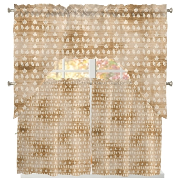 Beige Leaves Fall Swag Kitchen Curtains Sets for Windows 24 Inch Length, Thanksgiving Botanical Maple Leaves Short Window Curtain Panels Swags Valances and Tiers 3 Piece Set for Cafe/Dining Room
