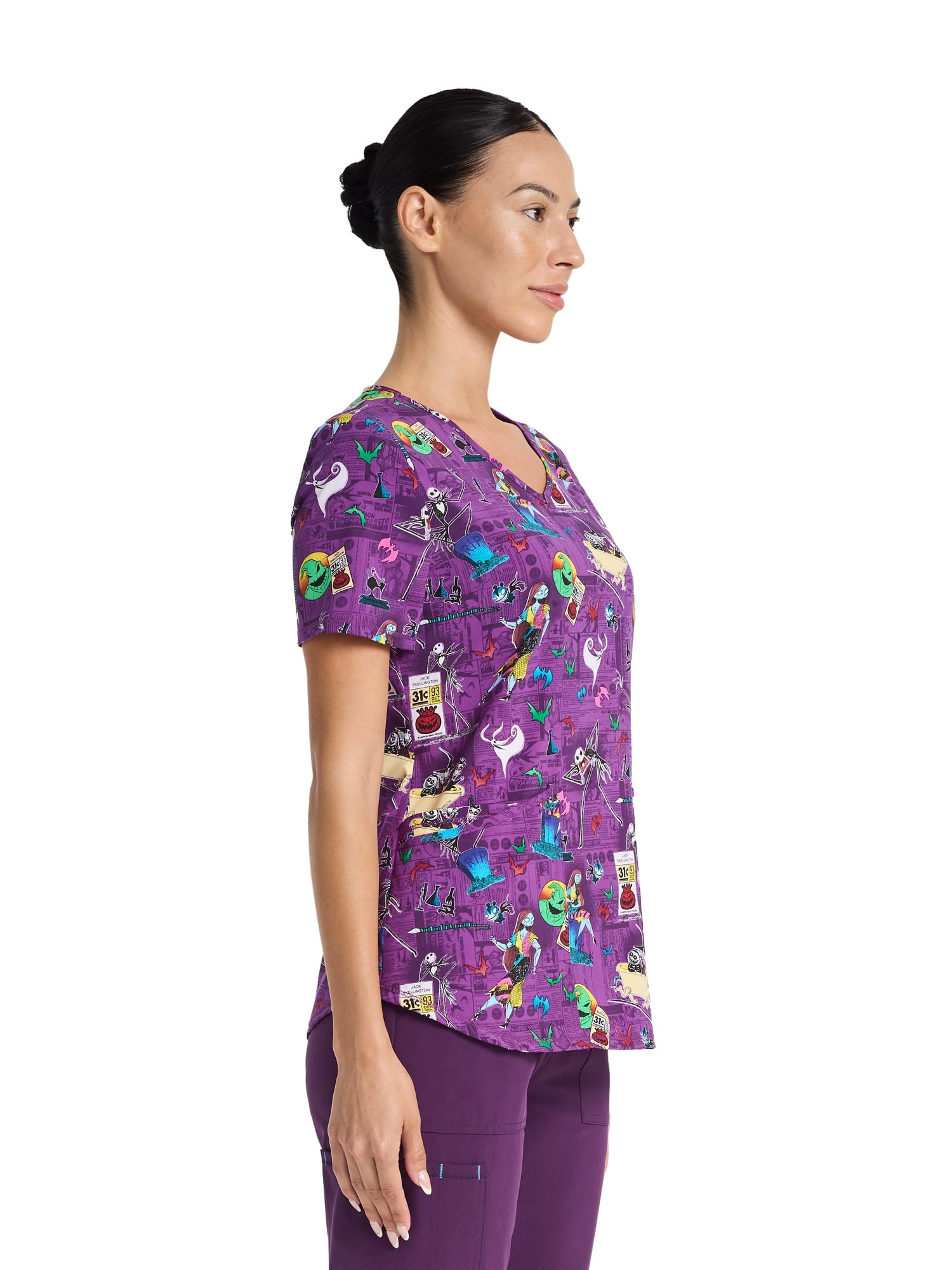 Disney The Nightmare Before Christmas Skellington Women's V-Neck Print Scrub Top, Sizes XS-3XL