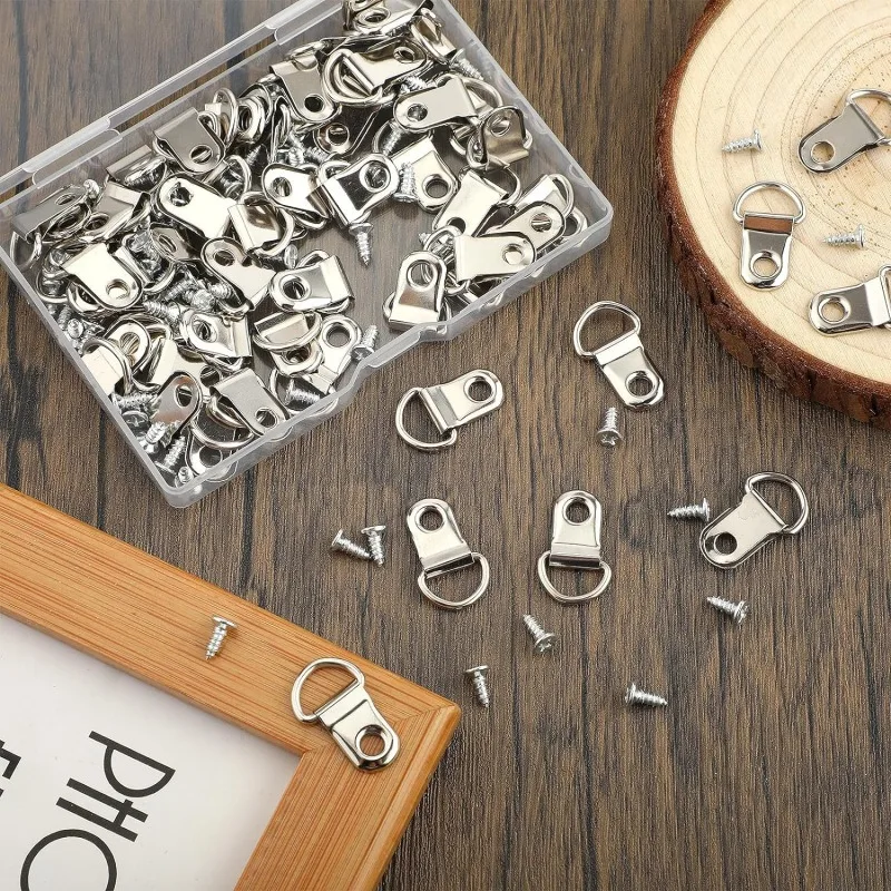 Picture Frame Hangers with Screws, Metal D-Ring Hanging Buckles for Photo Frames, Mirrors, Wall Art and Furniture Mounting Hardware