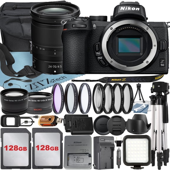 Nikon Z50 Mirrorless Camera with NIKKOR Z 24-70mm f/4 S Lens   SanDisk 128GB Card   Case   Telephoto   Tripod   ZeeTech Accessory Bundle