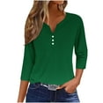thumbnail image 2 of Blmnix V-Neck Dressy Tops Green Workout Shirts Women Ornamental Buckle 3/4 Sleeve Tops, 2 of 5