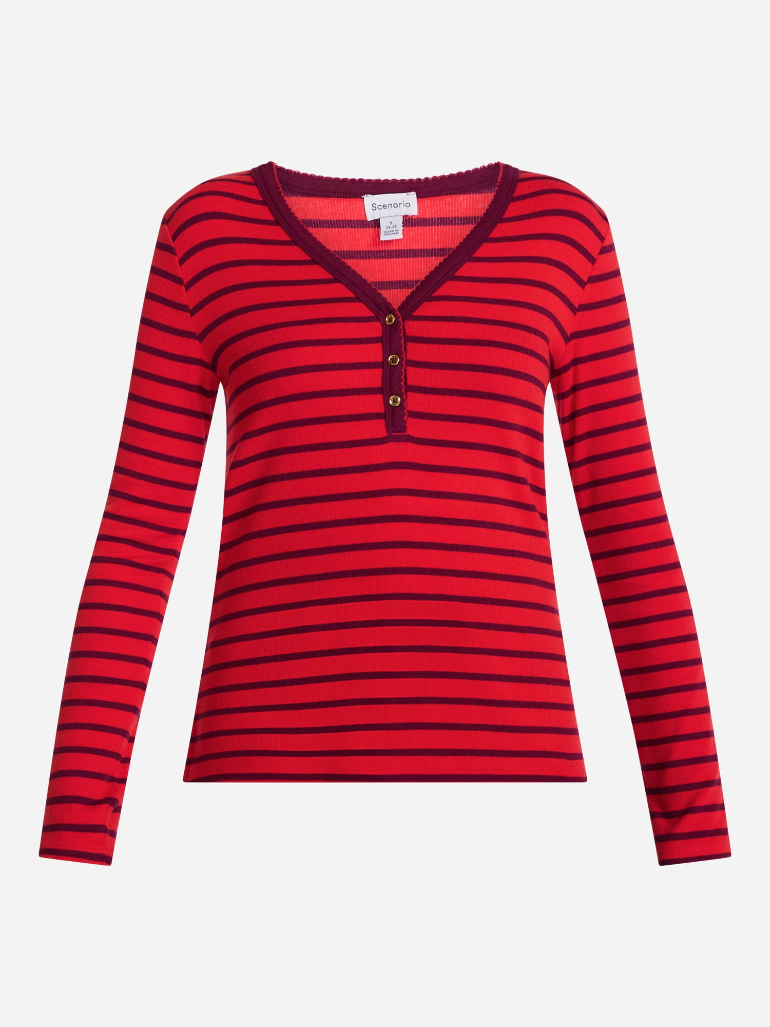 Scenario Women's and Women's Plus Striped Henley Shirt with Long Sleeves, Sizes XS-4X