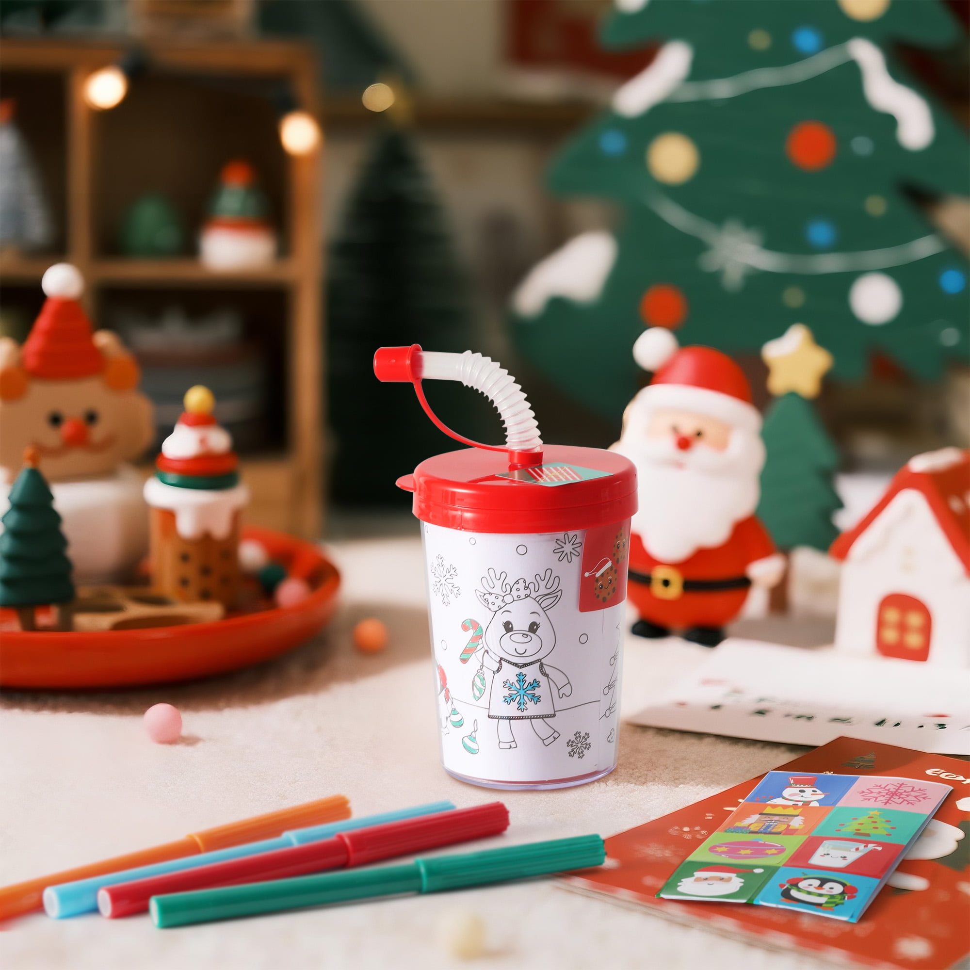 6CT DIY  Red Paint Straw Tumbler, Novelty, with Stickers and Four Markers, Holiday Time, DIY paint set