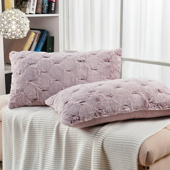 Home Soft Things Serenta Jacquard Rabbit Faux Fur Throw Pillow Covers 2 Piece Set, 14" x 26", Pink