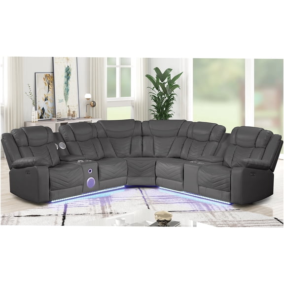 JERFIT Modern Power Recliner Sectional Sofa with USB Charging, Cup Holders, LED Lights and Bluetooth for Living Room, Gray Faux Leather