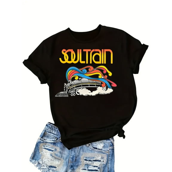 COTTON Women's Plus Size Fashion T-Shirt with Soul Train Graphic Colorful Casual Style Ideal Holiday Gift
