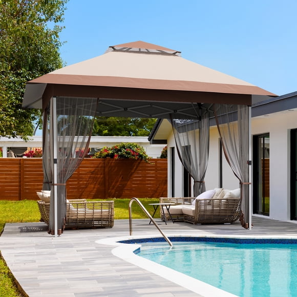 10x10 Folding Gazebo Canopy Tent, Double Vented Roof with Mosquito Netting & Curtains, Adjustable Height & Wheeled Carry Bag, for Patio Garden Backyard, Dark Brown Khaki White Dark Gray
